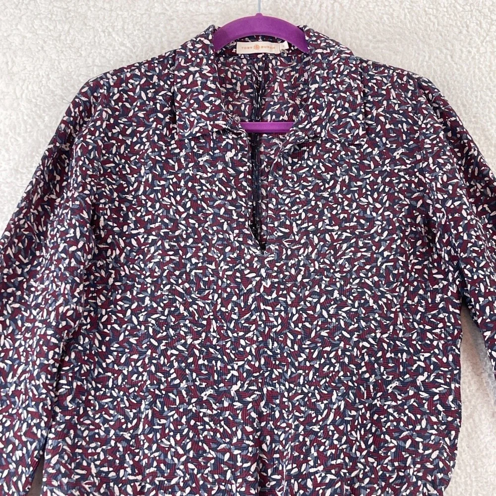Tory Burch Top Womens Size 2 Red Agate Confetti‎ Silk Long Sleeve Drop Waist Tie
